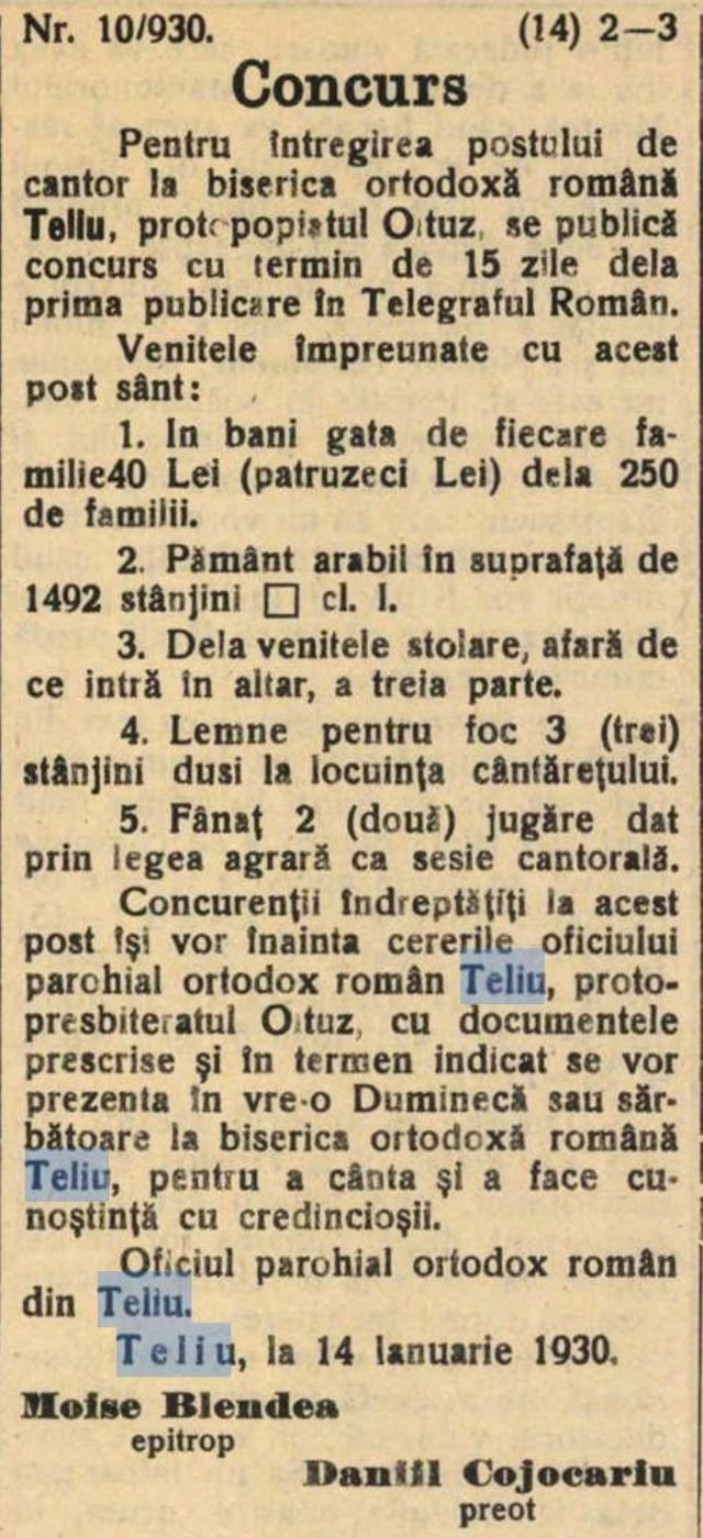 Dragă comunitate, vă invităm să călătorim în timp, în anul 1930, când în pitorescul sat Teliu, biserica ortodoxă română…