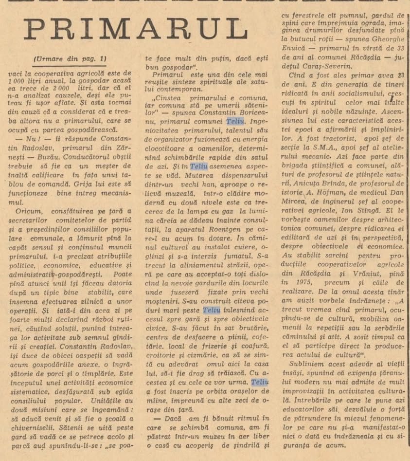 Primarul Constantin Boriceanu din comuna Teliu la 1972 este considerat un lider remarcabil, reprezentând o sinteză de…