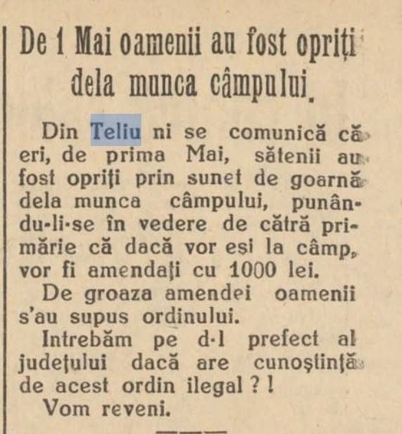 O privire în trecut: O relatare din Teliu în 1928!