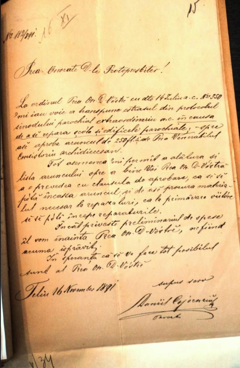 Solicitare pentru reparațiile școlii și edificiilor parohiale – Teliu, 1891