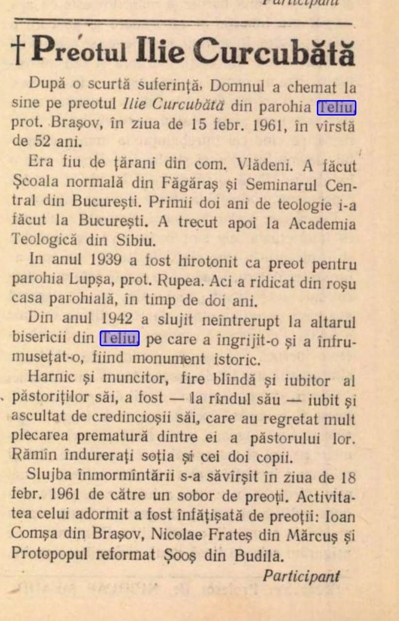 Preotul Ilie Curcubătă – Un slujitor devotat al bisericii din Teliu