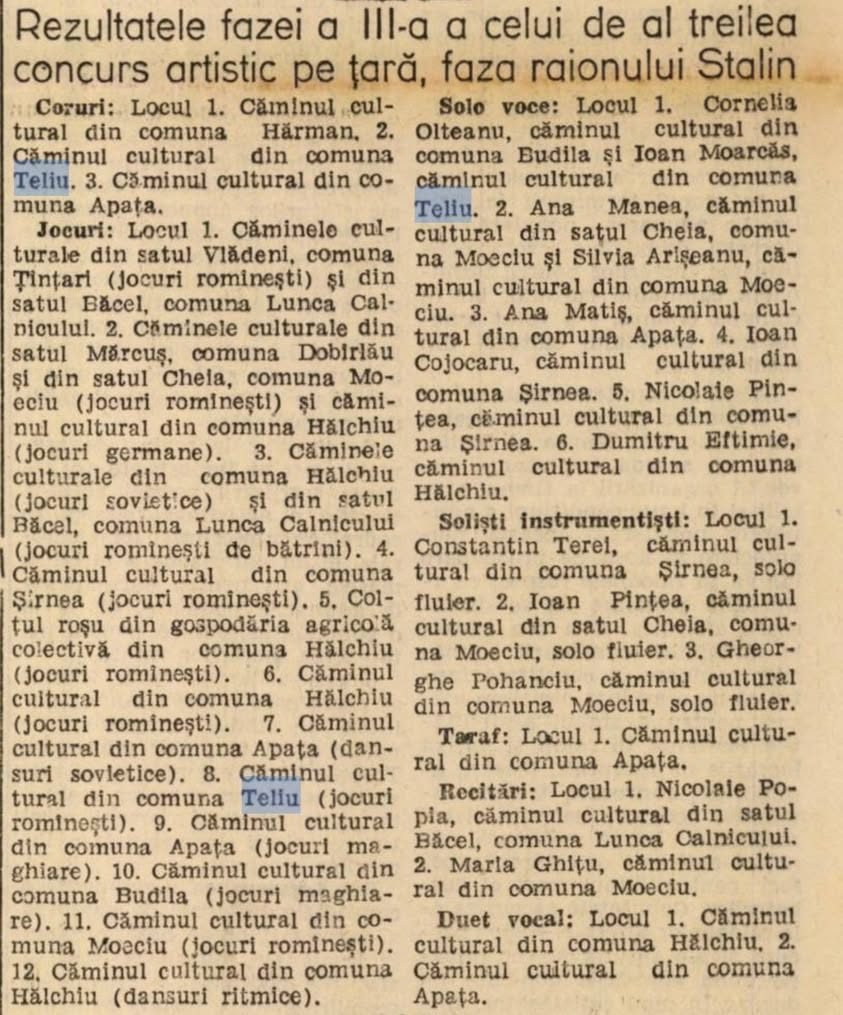 Teliu, 1954 – în lumina concursurilor culturale