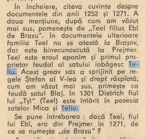 Primele mențiuni scrise despre Teliu – anul 1252