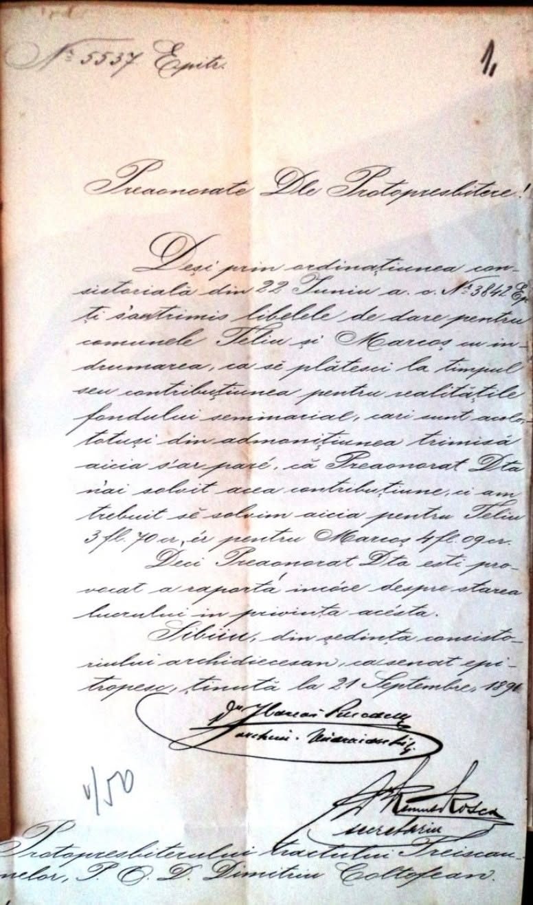 Document istoric descoperit la Teliu (1891)