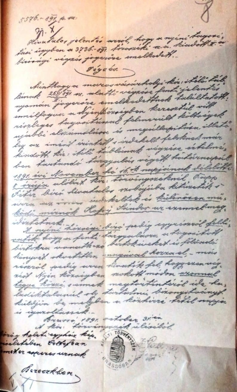 Hotărâre a Tribunalului Brașov privind comasarea terenurilor din Teliu (1891)