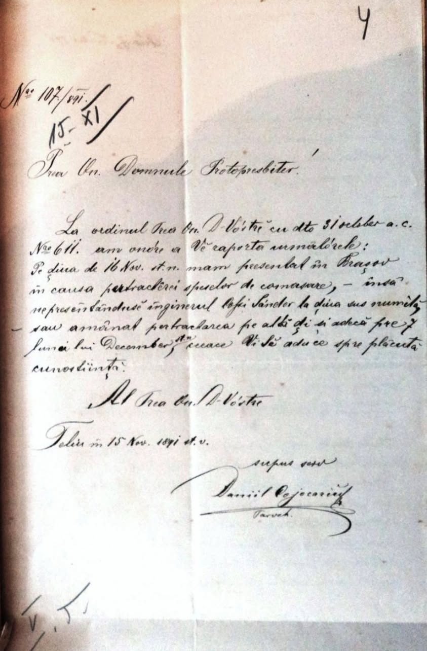 Adresă din 1891: Preotul Daniil Cojocariu îl informează pe protopop despre deplasarea la Brașov pentru „pertractarea…
