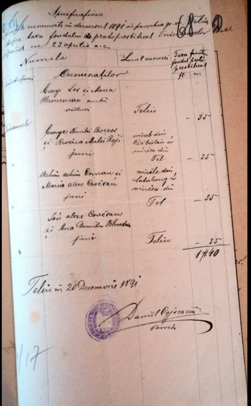 Registrul cununaților din Teliu în anul 1891 și taxele achitate către fondul protopresbiteral