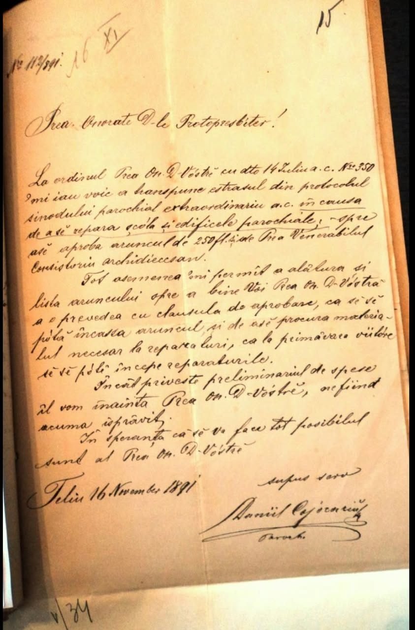 Document din 1891: Preotul Daniil Cojocariu înaintează protopopului hotărârea privind repararea școlii și a clădirilor parohiale din Teliu