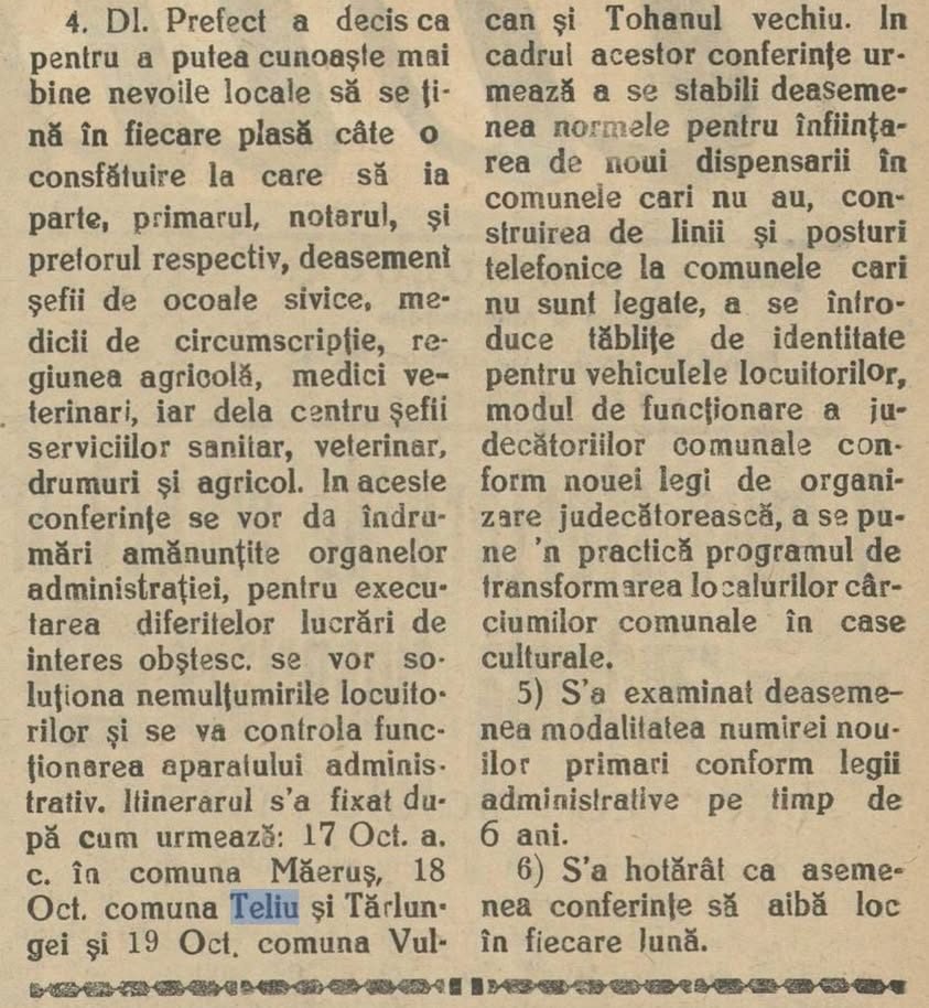 Teliu și consfătuirile administrative din județul Brașov – știre din presa anului 1938