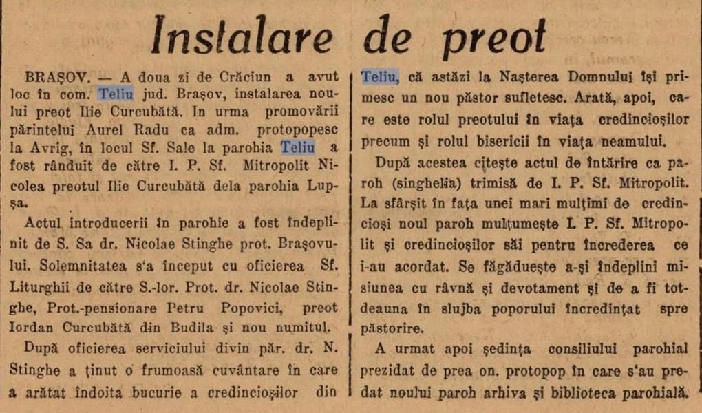 Teliul în anul 1942 – instalarea noului preot al parohiei
