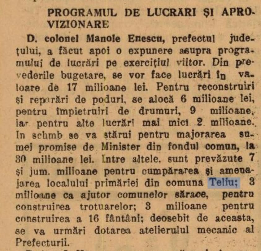 Teliul în anul 1944 – investiție importantă pentru sediul primăriei