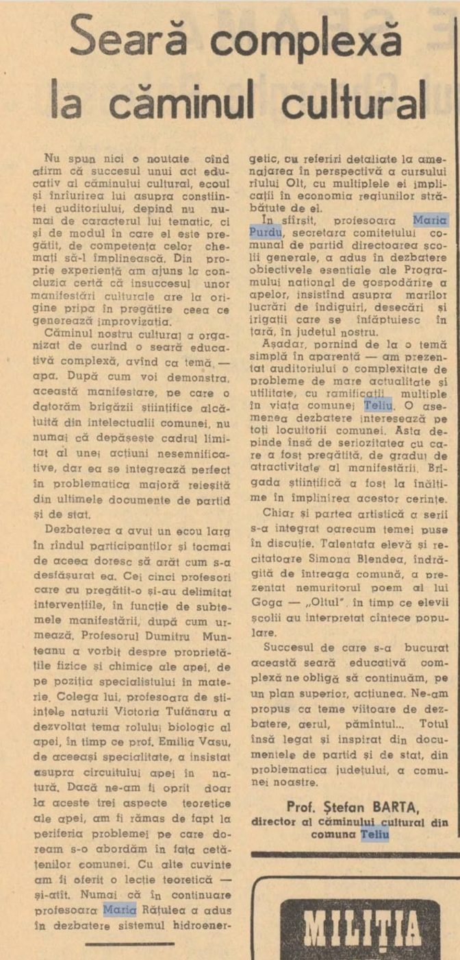 1972 – O seară culturală la Teliu și o femeie în fruntea școlii